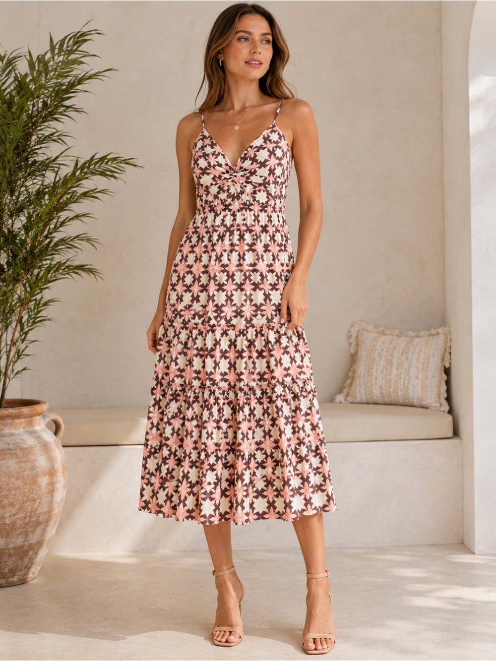 LOFT Sunwashed Floral Twist Tiered Midi Dress Size 16 Pink Brown